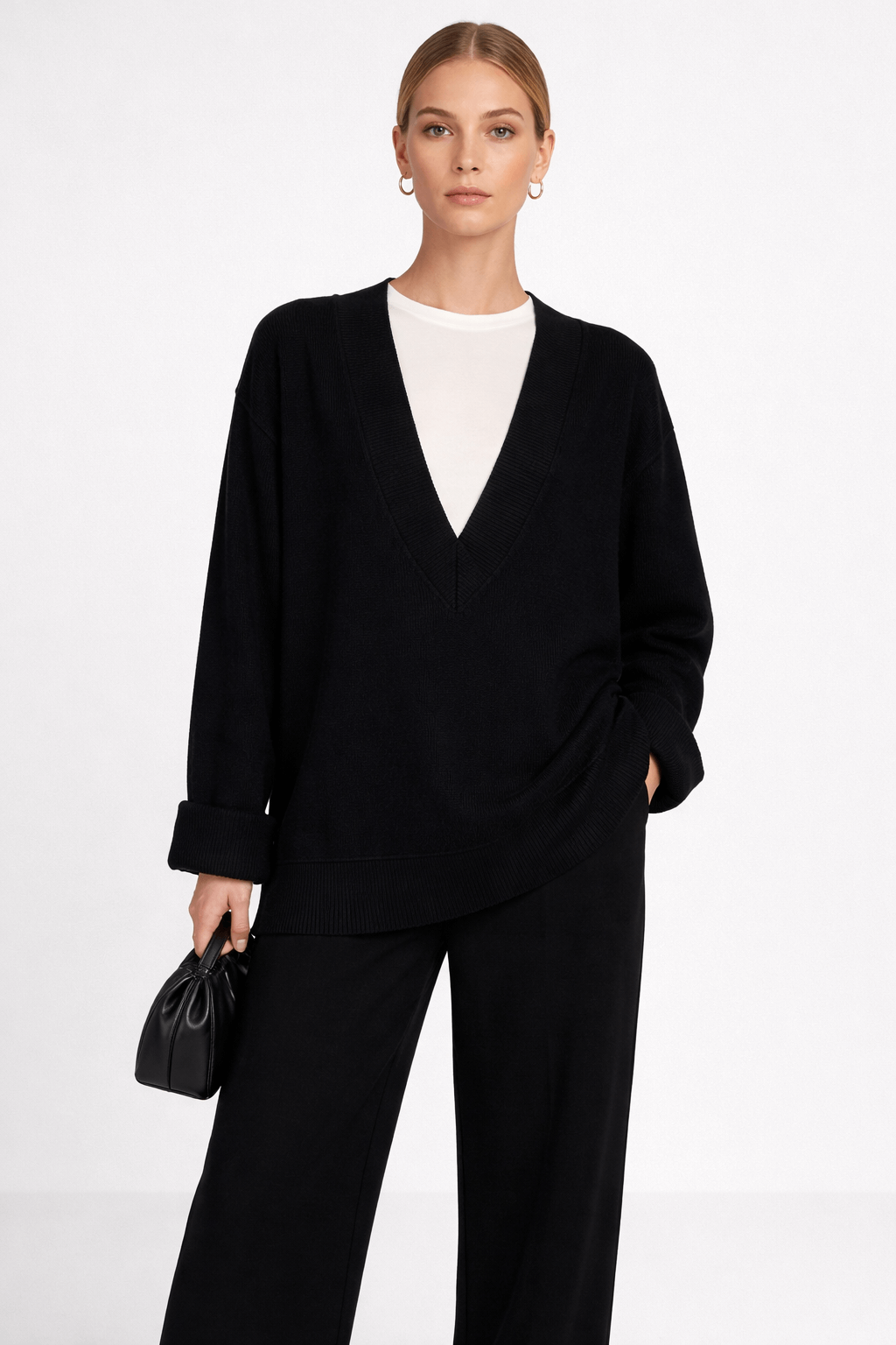 Deep V-neck loose pullover knitted shirt