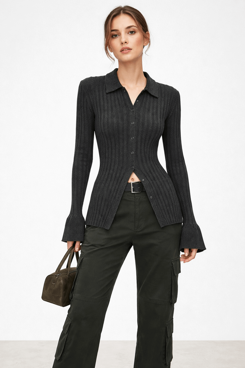 Vertical strip knitted shirt top