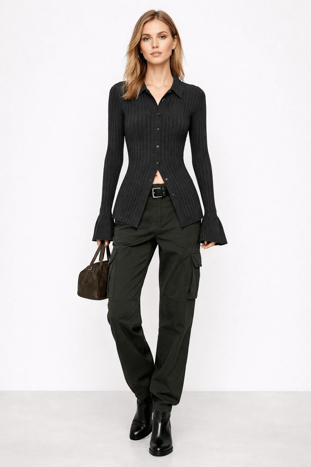 Vertical strip knitted shirt top