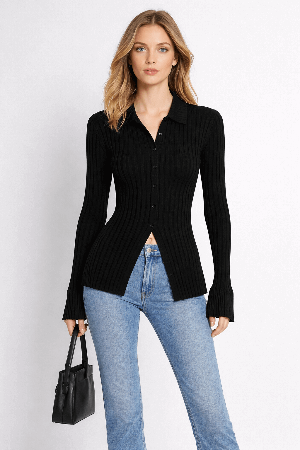 Vertical strip knitted shirt top
