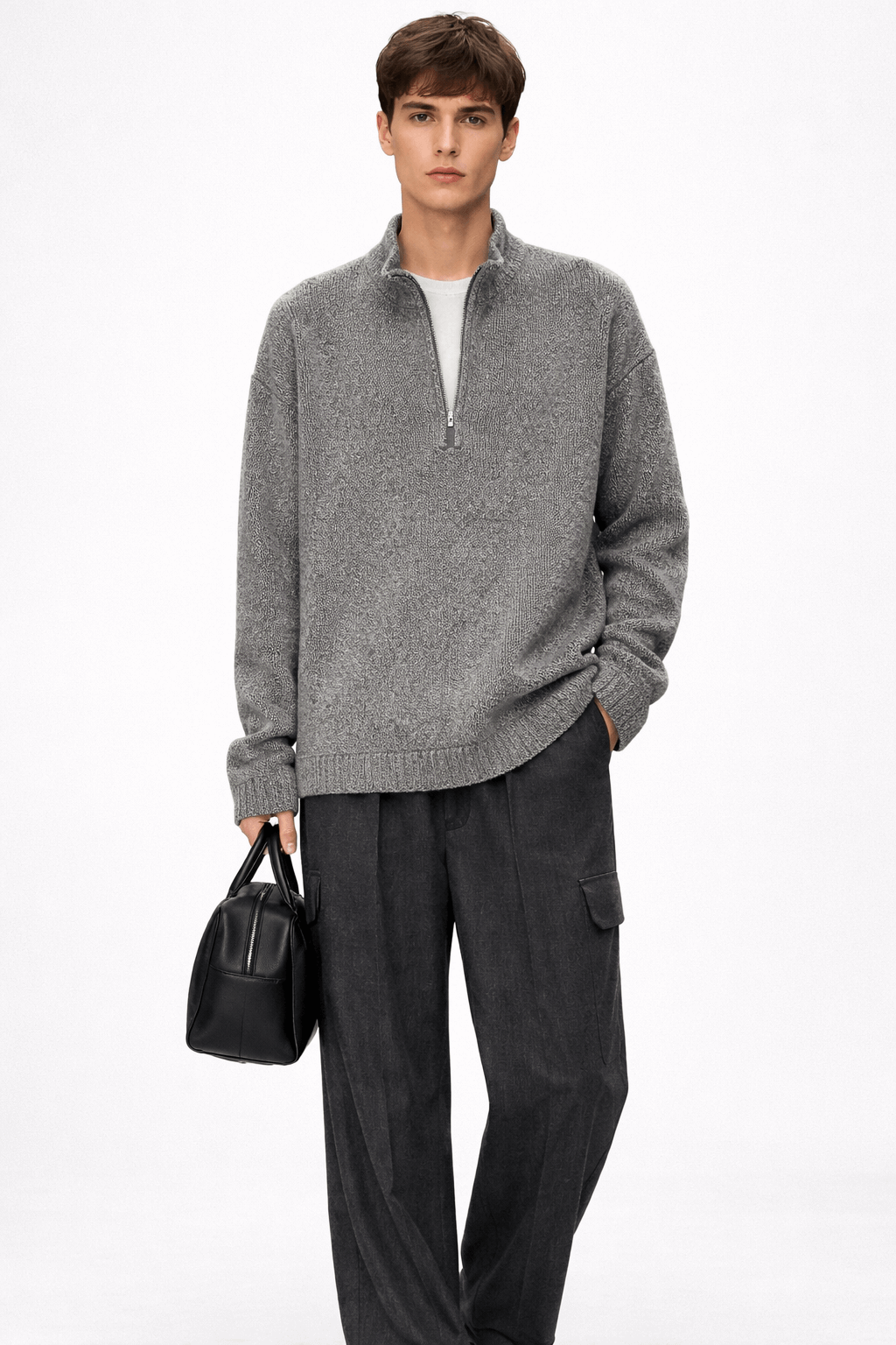 Half-zip high-neck loose knitted top