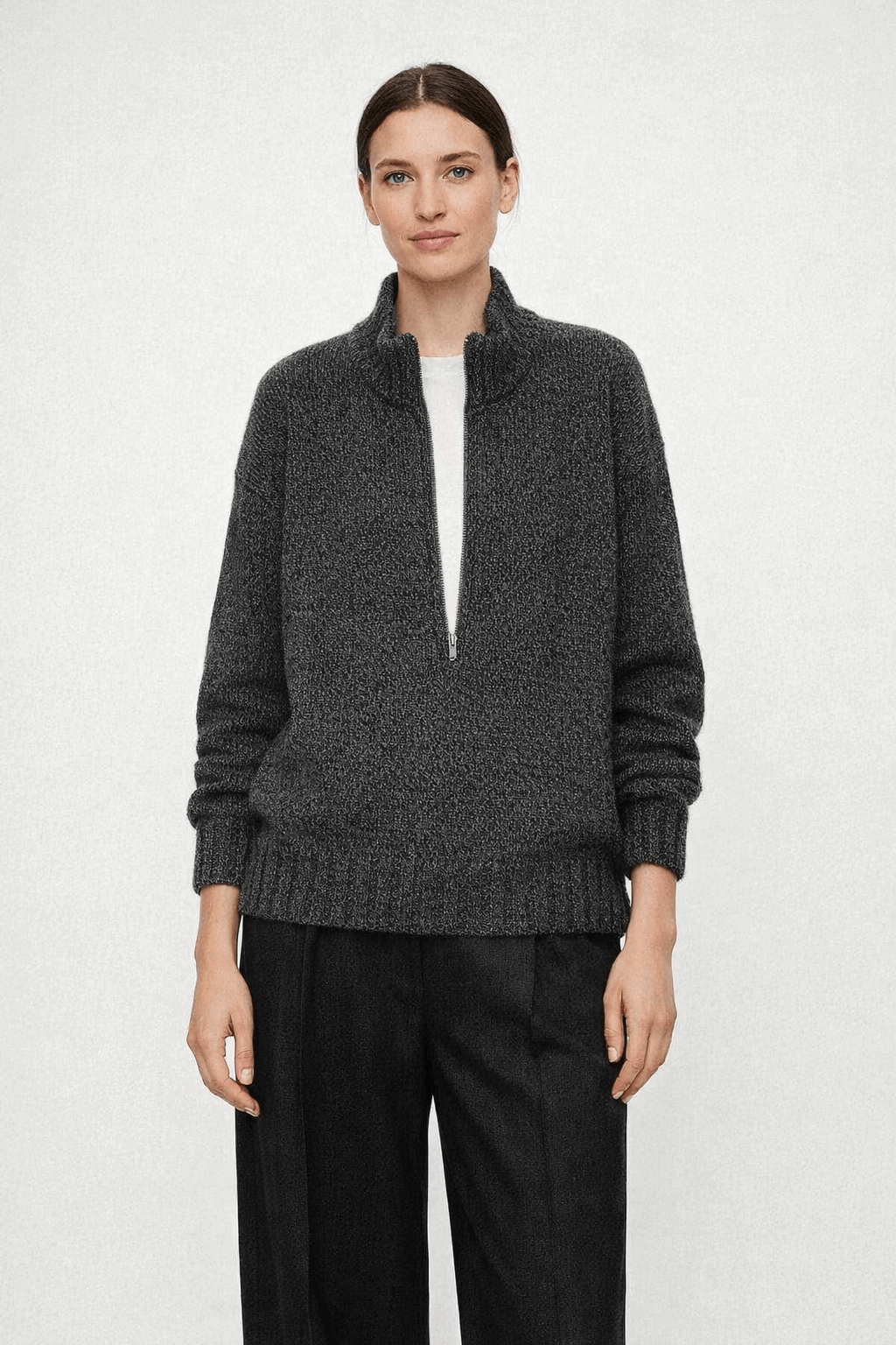 Half-zip high-neck loose knitted top