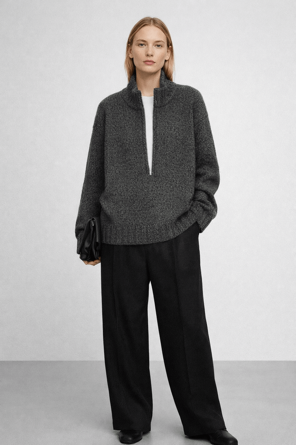 Half-zip high-neck loose knitted top