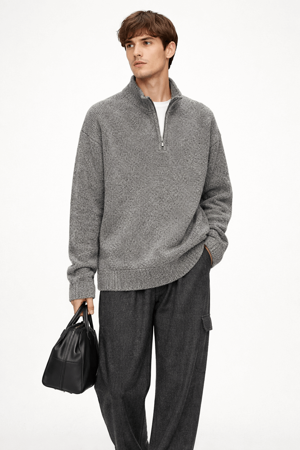 Half-zip high-neck loose knitted top