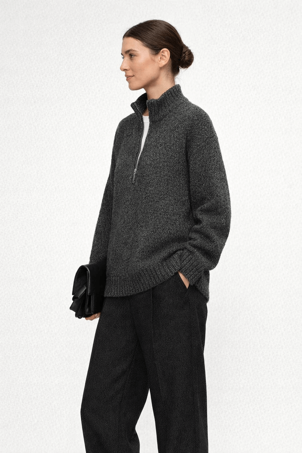 Half-zip high-neck loose knitted top