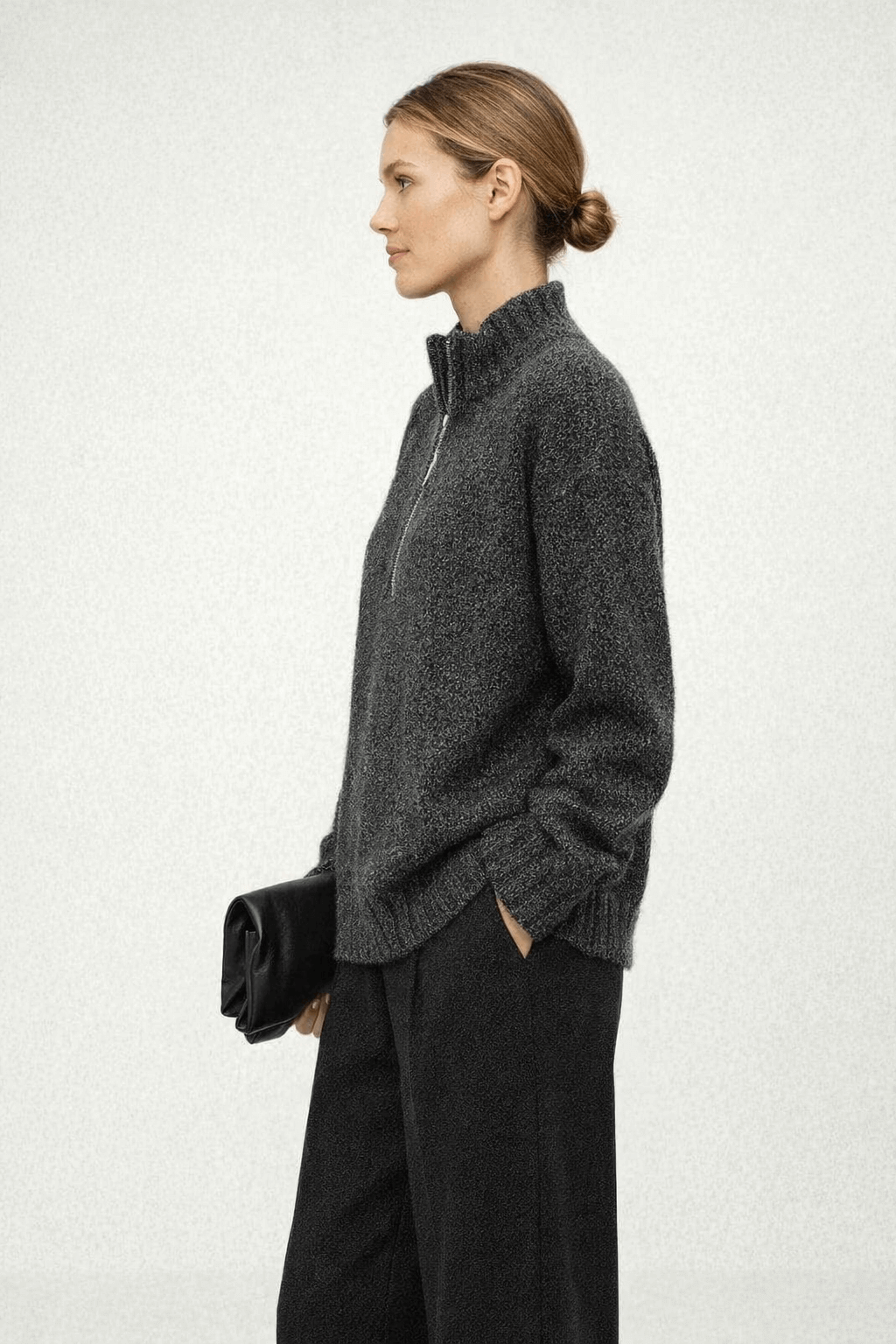 Half-zip high-neck loose knitted top