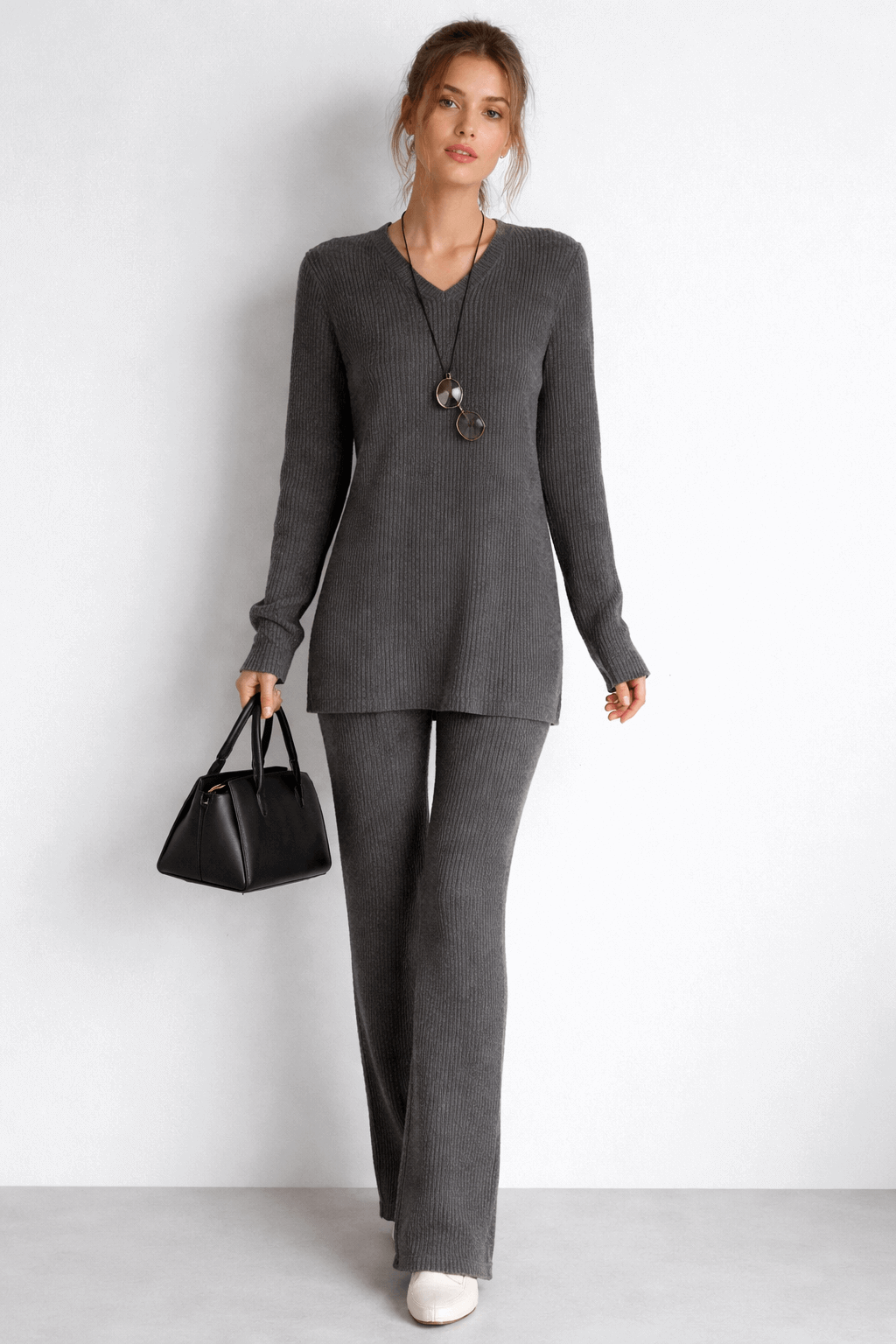 Vertical stripe V-neck loose knitted top