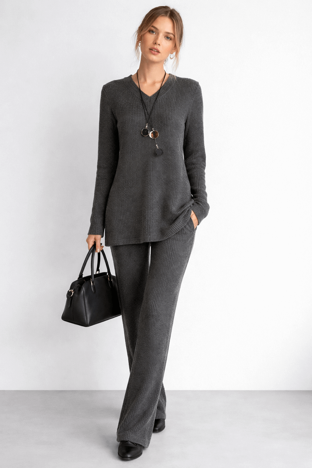 Vertical stripe V-neck loose knitted top