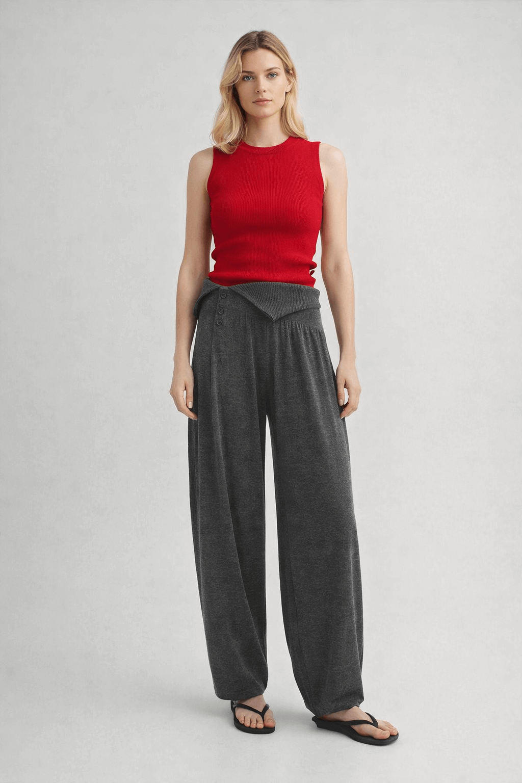 Fold-over button-type bubble pants