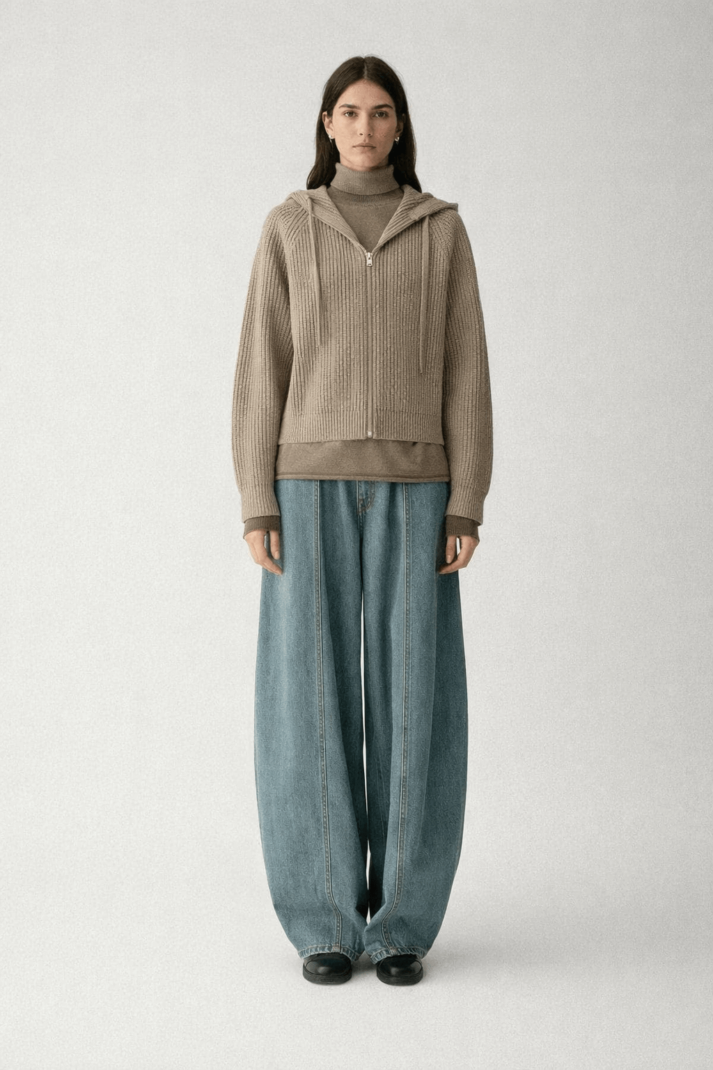 Vertical strip knitted short hooded zipper cardigan