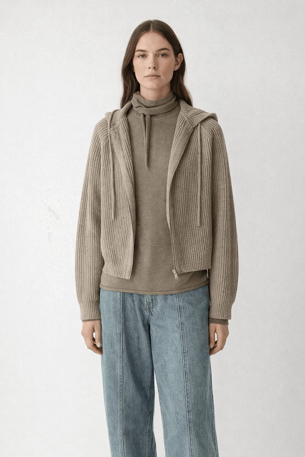 Vertical strip knitted short hooded zipper cardigan