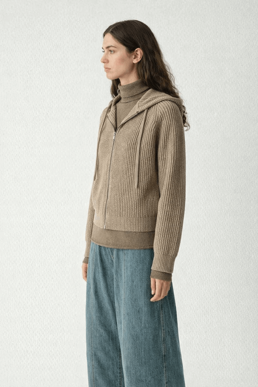 Vertical strip knitted short hooded zipper cardigan