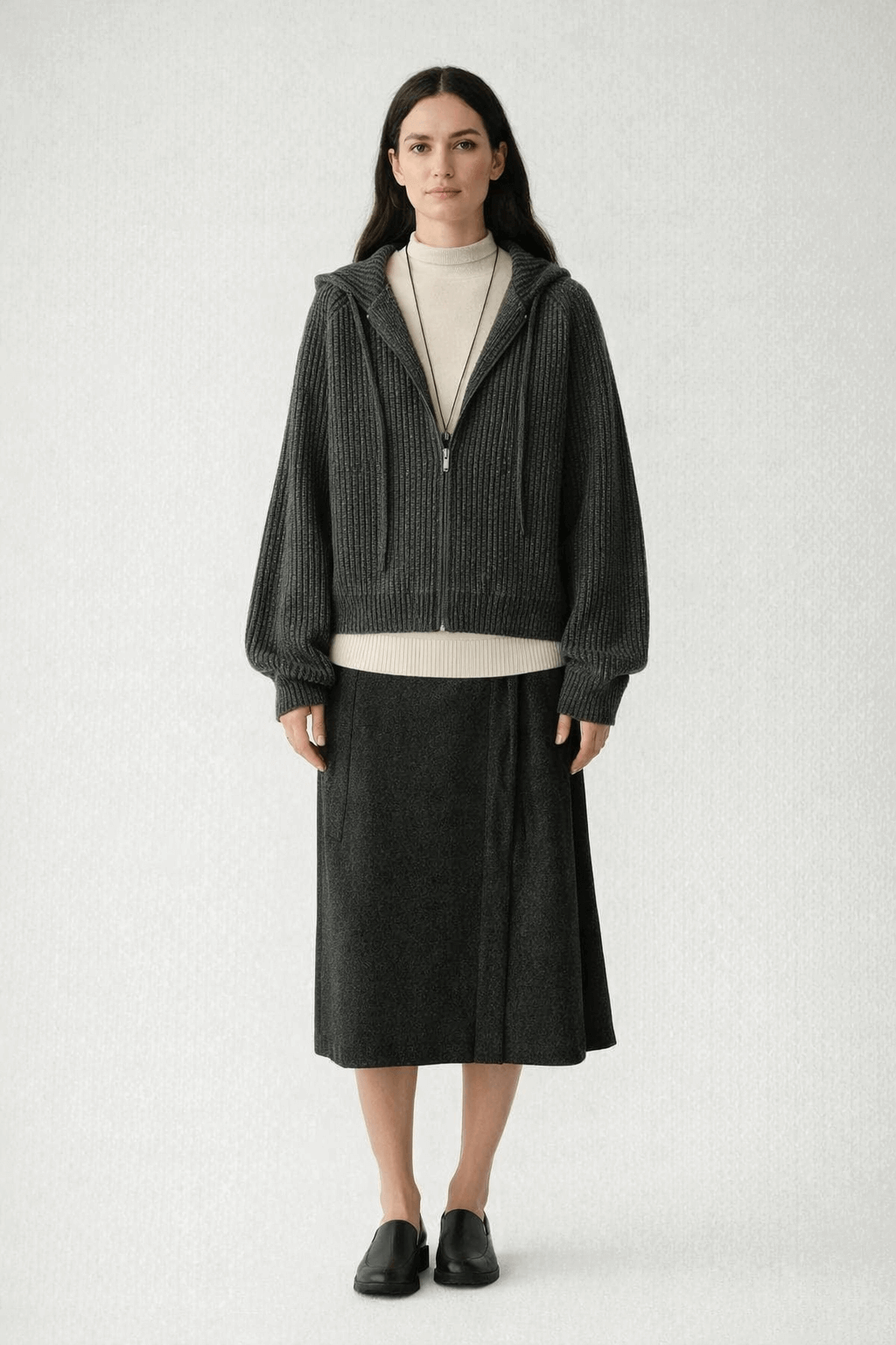 Vertical strip knitted short hooded zipper cardigan