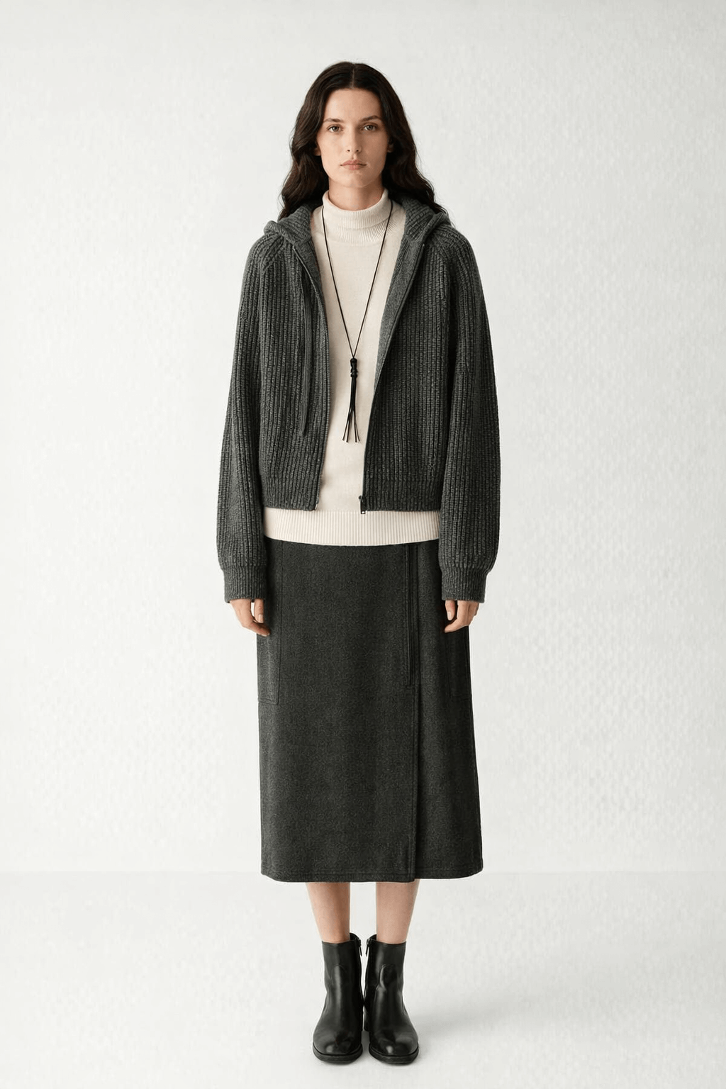 Vertical strip knitted short hooded zipper cardigan