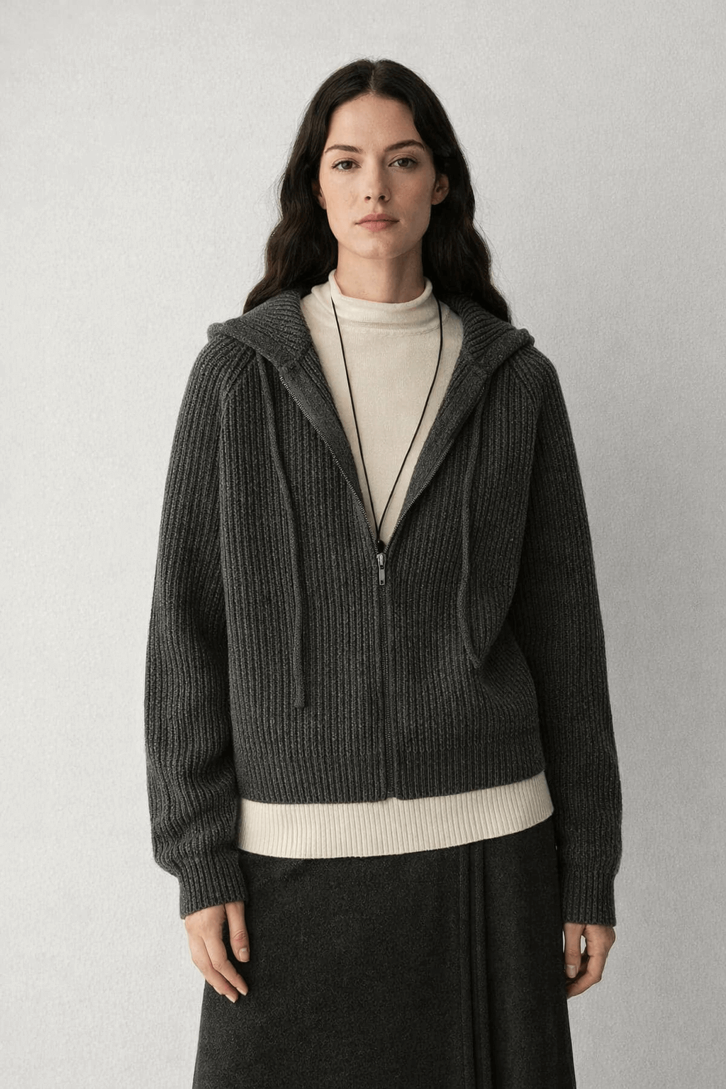 Vertical strip knitted short hooded zipper cardigan