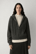 Vertical strip knitted short hooded zipper cardigan