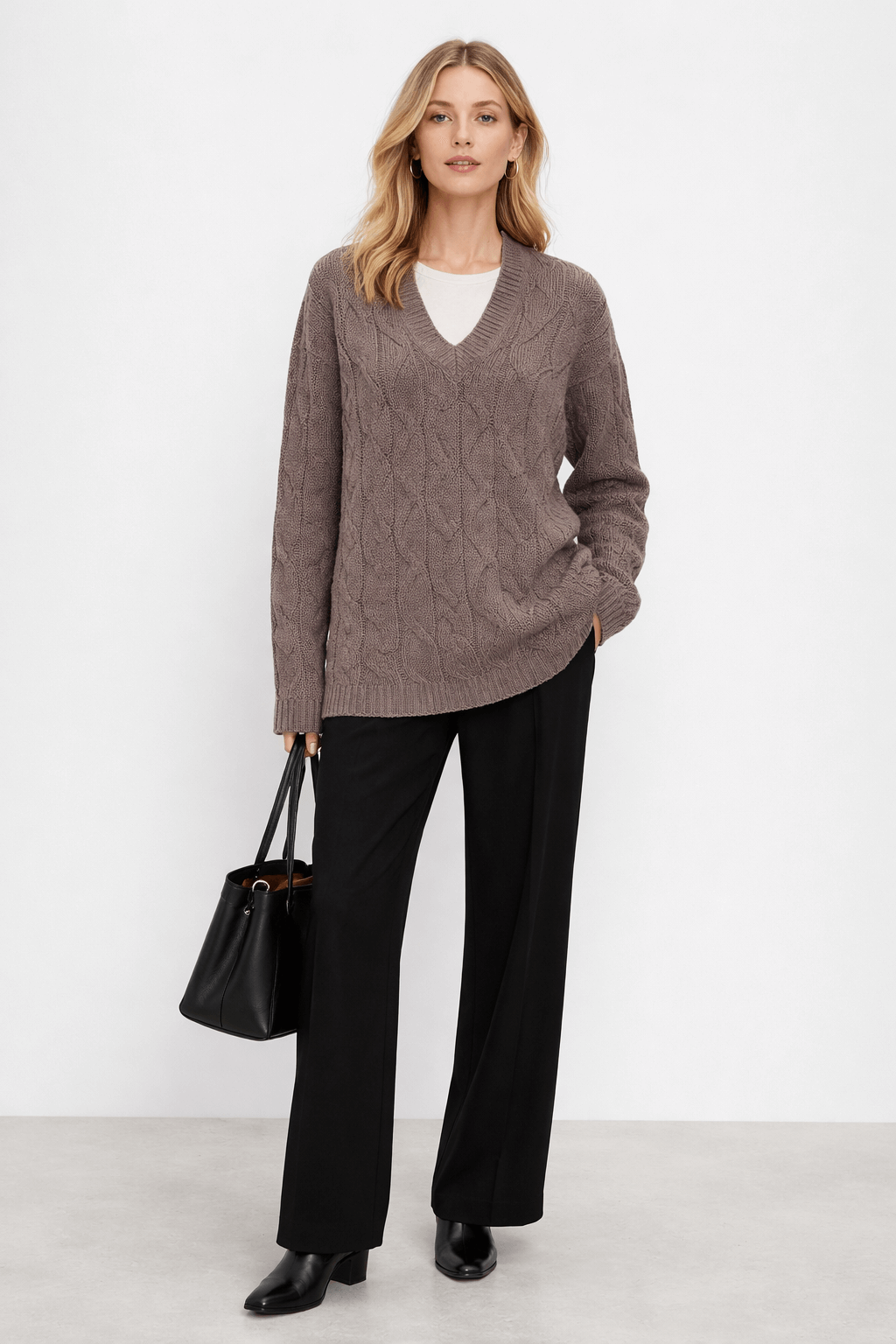 V-neck loose cable knit top