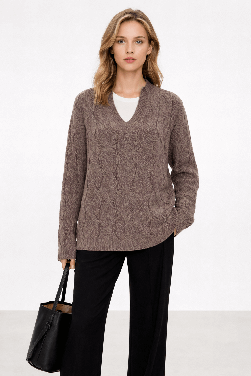 V-neck loose cable knit top