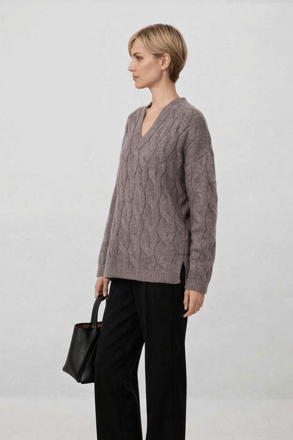V-neck loose cable knit top