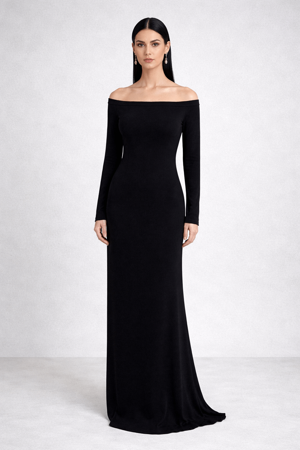 Black one shoulder long sleeved floor length skirt