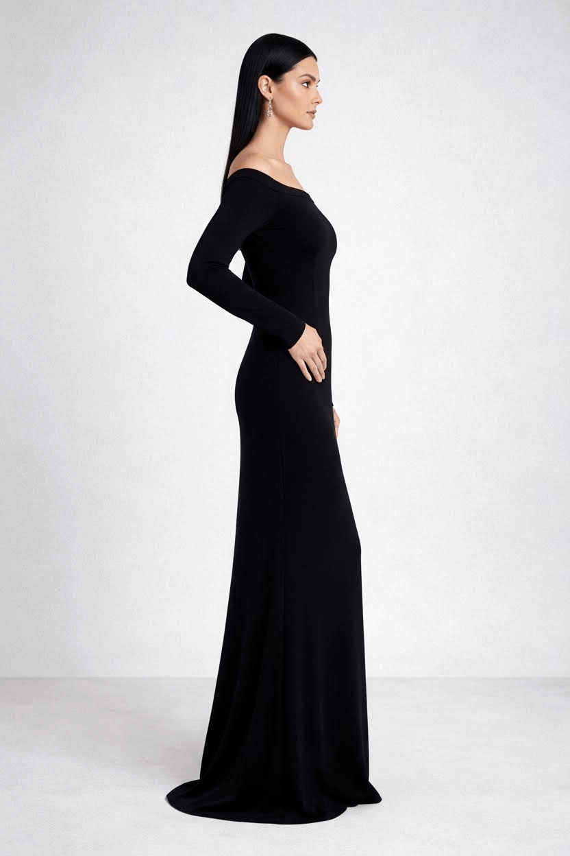 Black one shoulder long sleeved floor length skirt