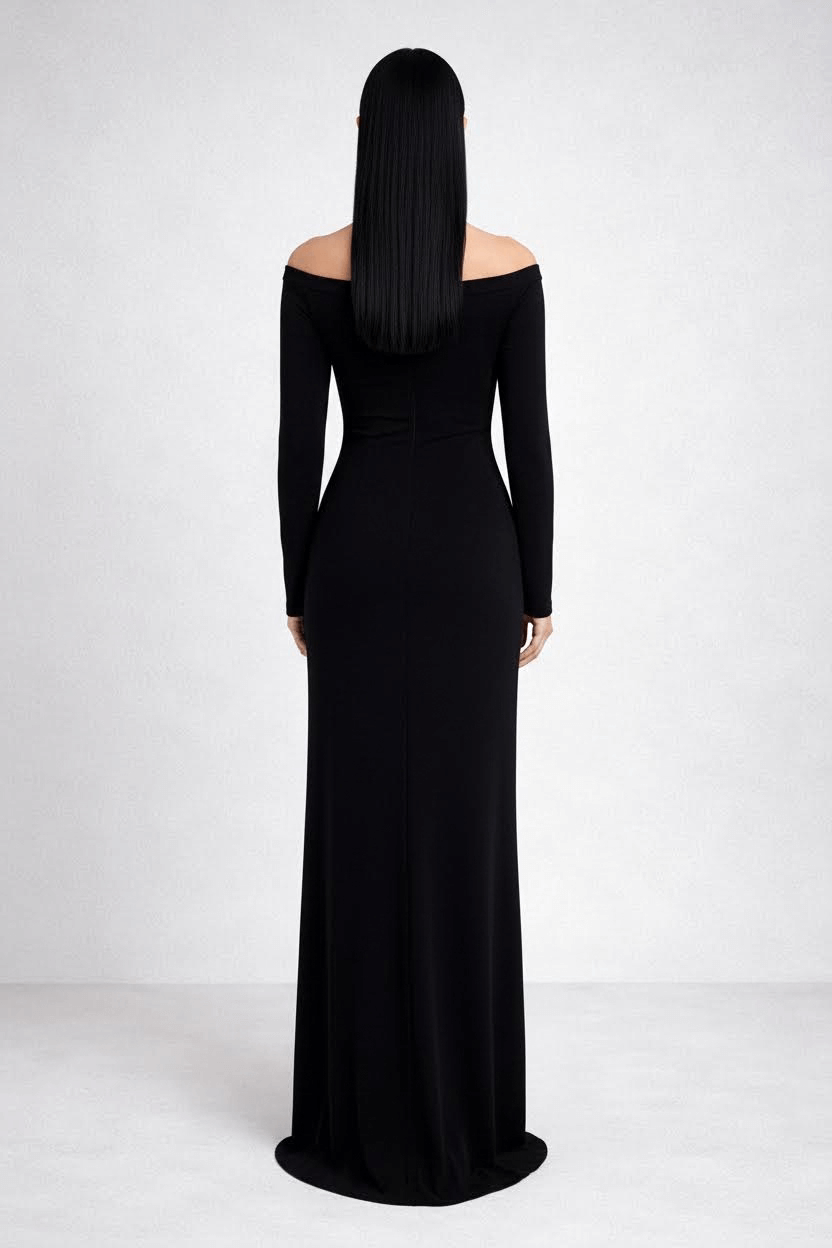 Black one shoulder long sleeved floor length skirt