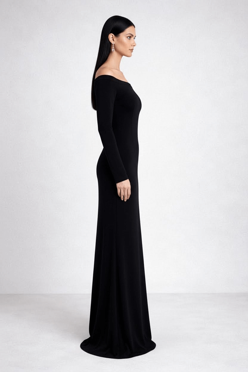 Black one shoulder long sleeved floor length skirt