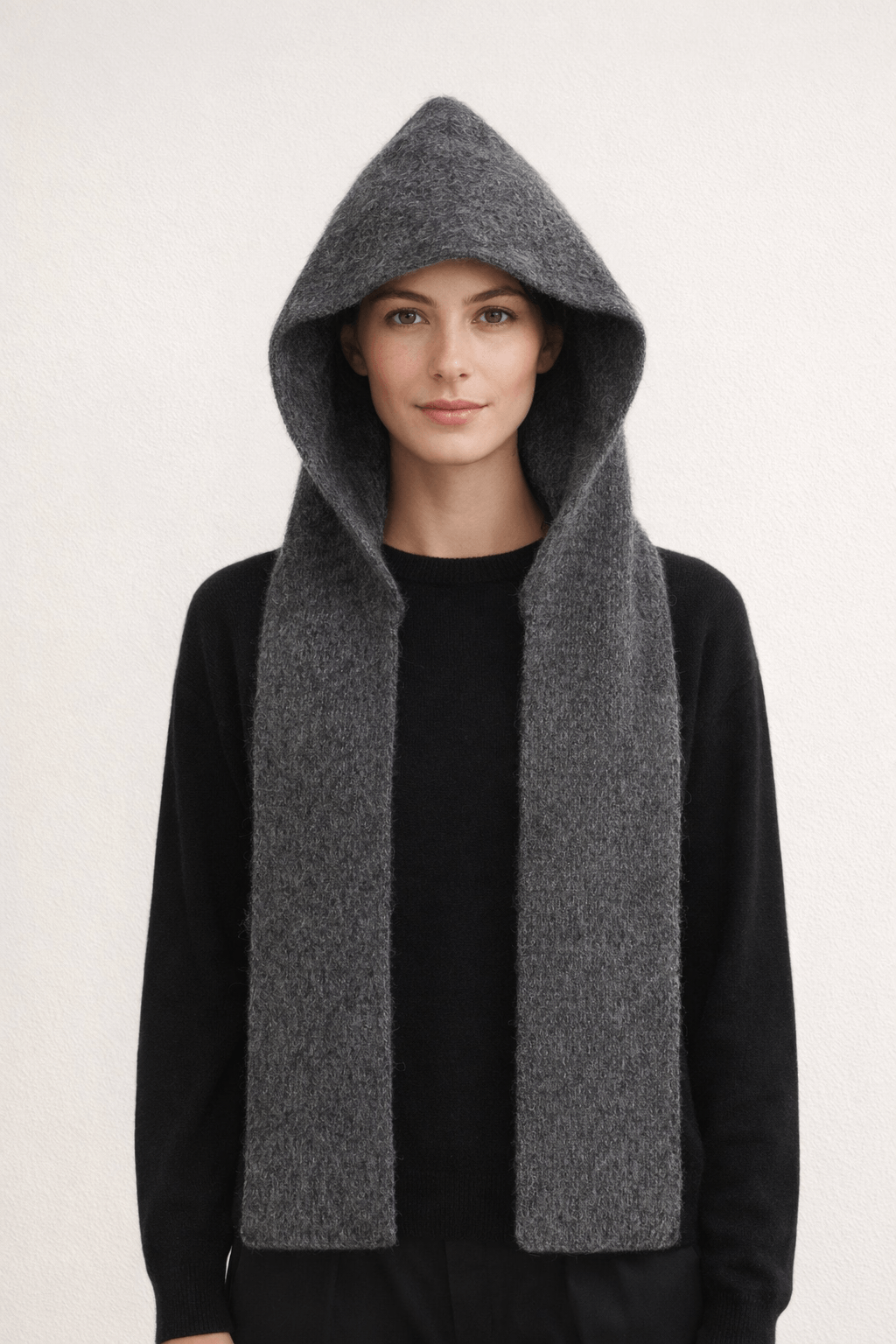 Dark gray mixed colored mohair one-piece hooded scarf hat