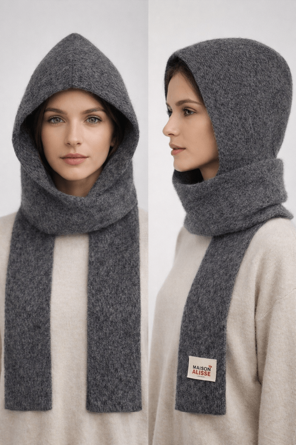 Dark gray mixed colored mohair one-piece hooded scarf hat