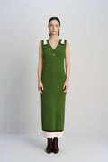 Fruit green V-neck sleeveless waffle knit long dress