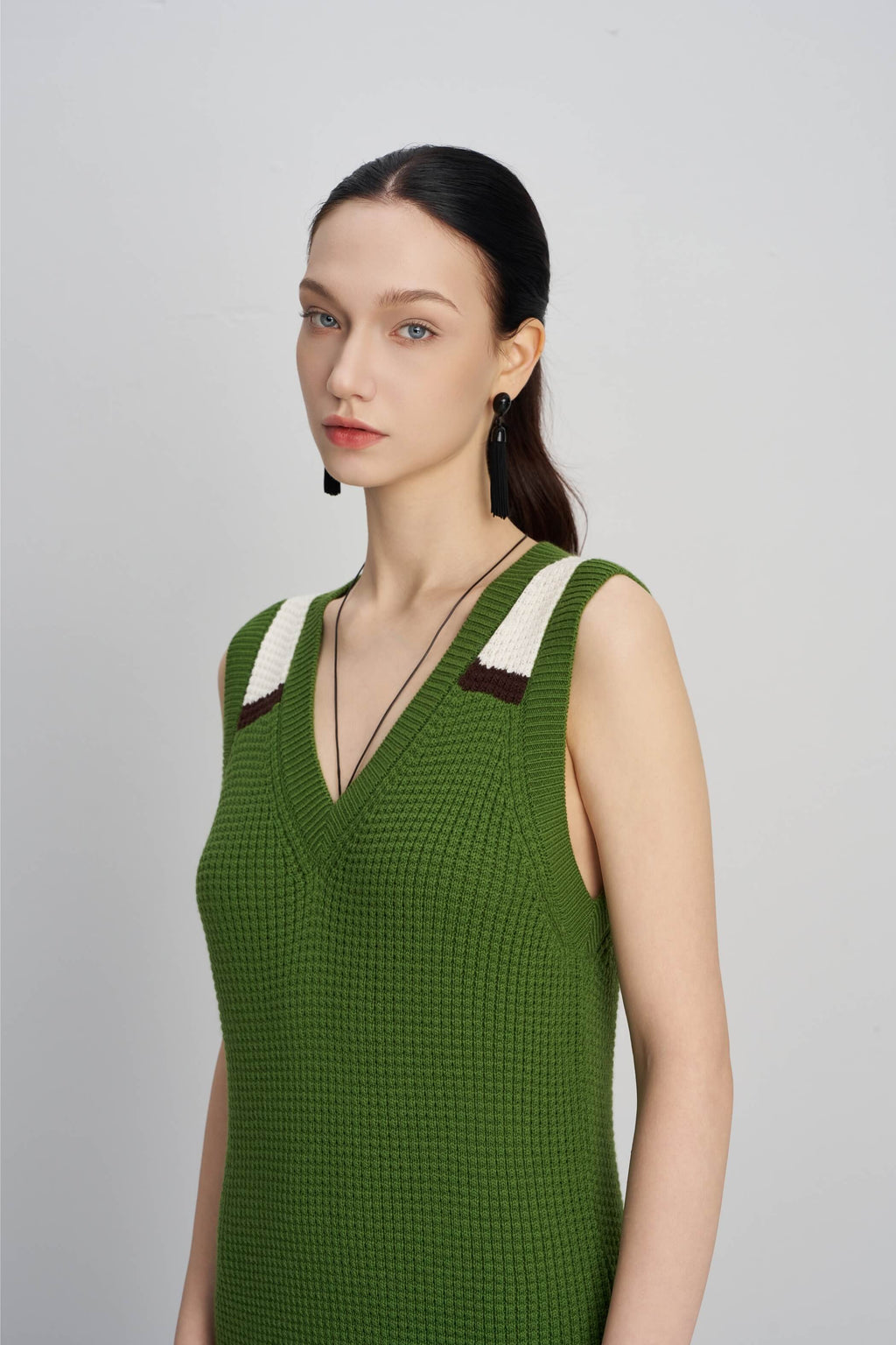 Fruit green V-neck sleeveless waffle knit long dress
