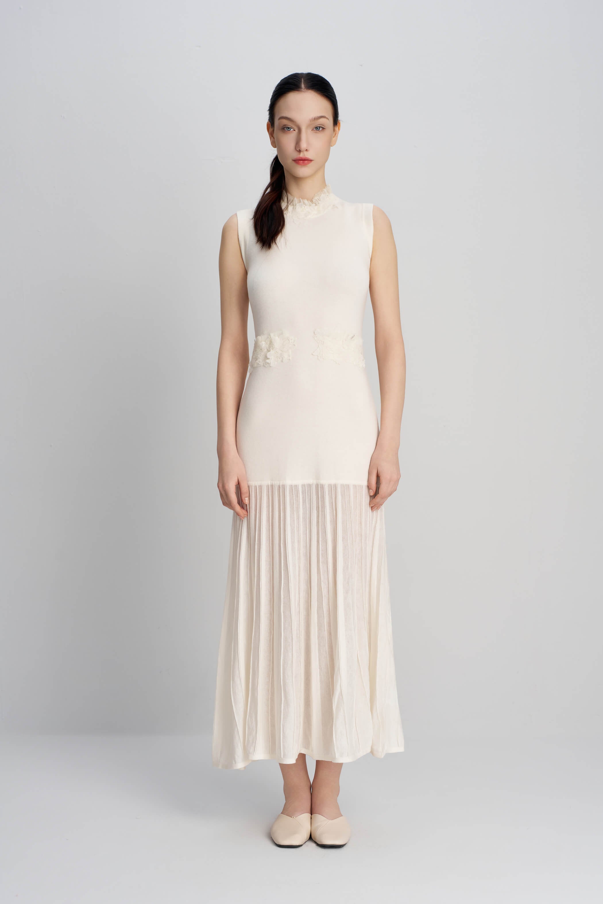 New standing collar sleeveless patchwork knitted pleated long skirt