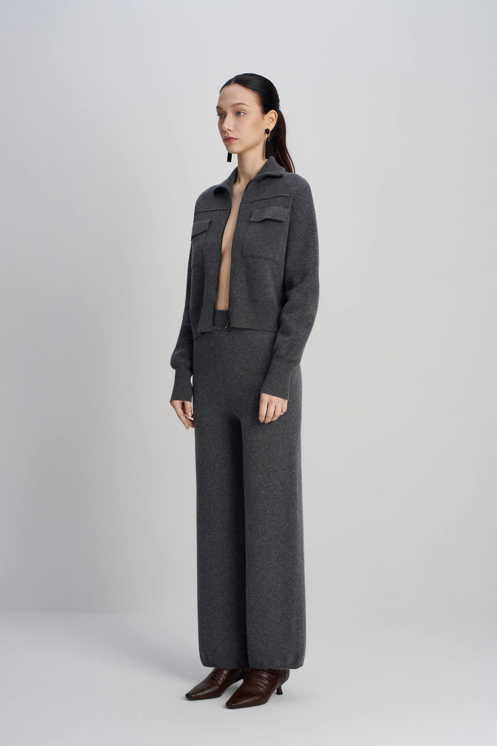 Grey Knitted Wide Leg Tight Pants