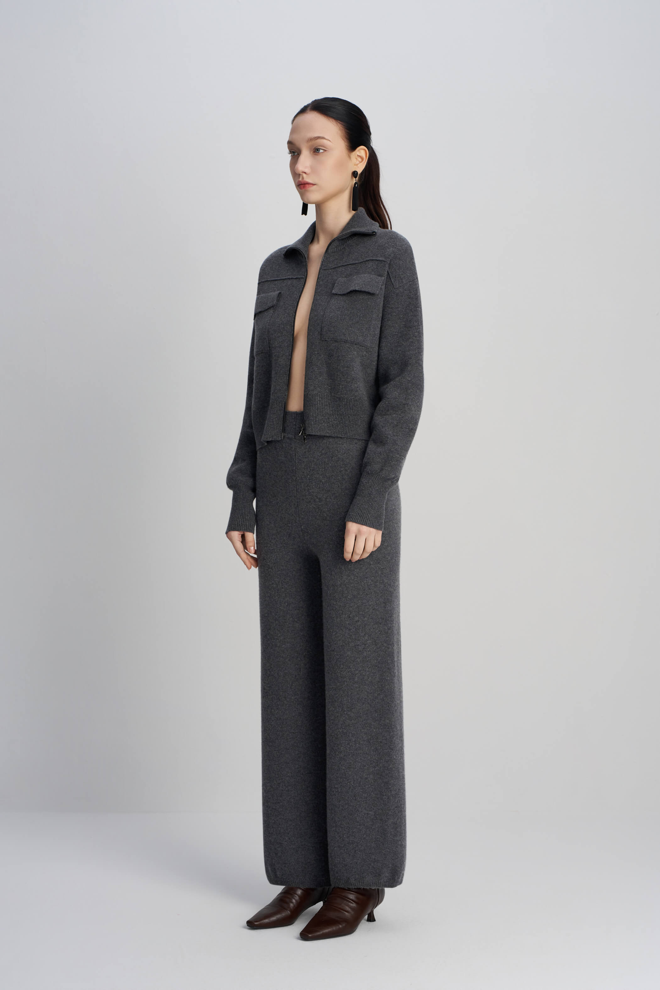 Grey Knitted Wide Leg Tight Pants