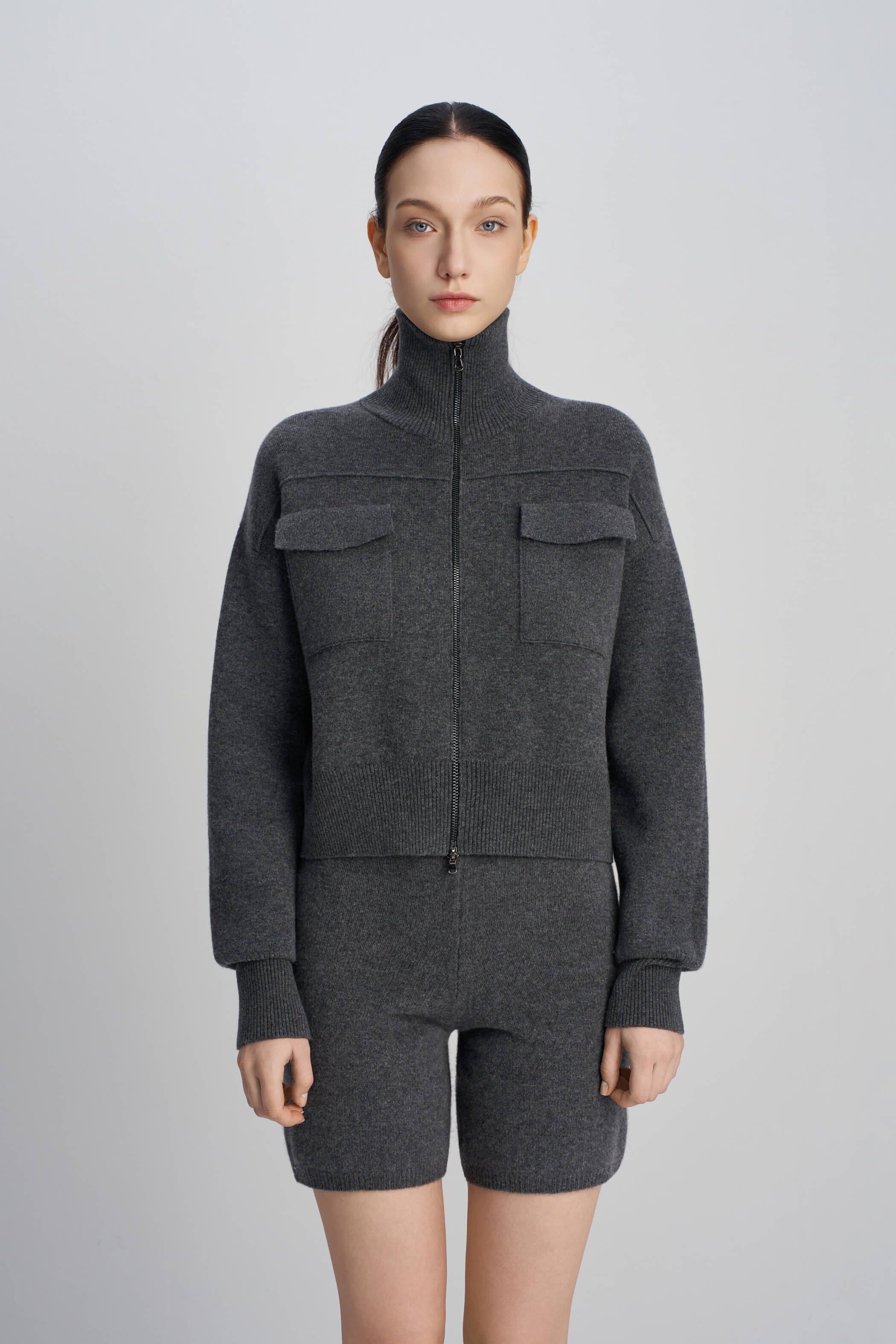 Grey collar zipper knitted short workwear jacket