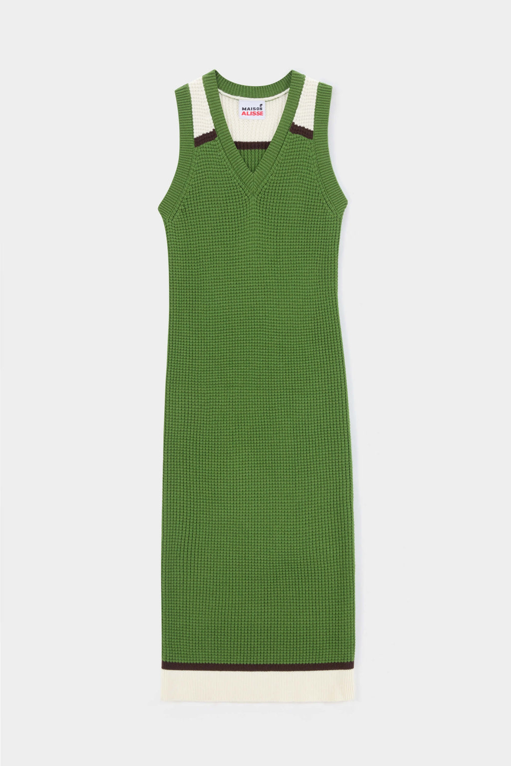 Fruit green V-neck sleeveless waffle knit long dress