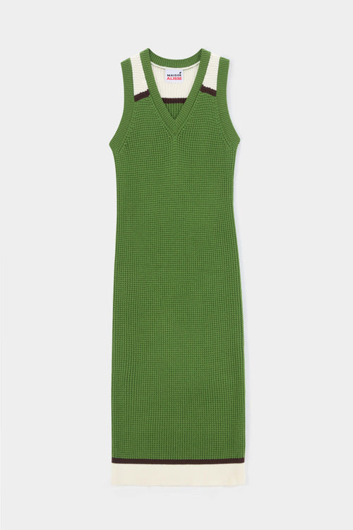 Fruit green V-neck sleeveless waffle knit long dress