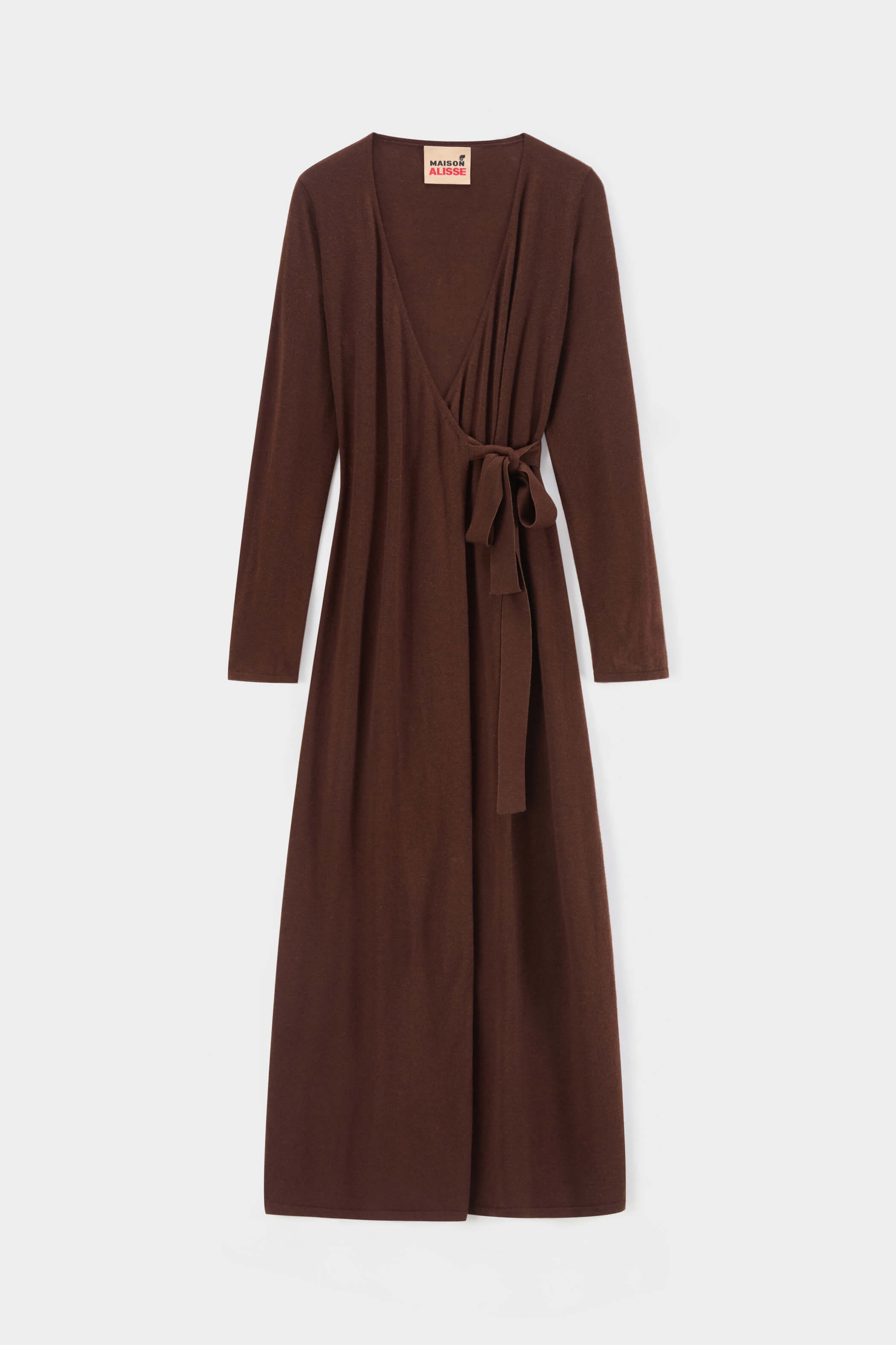 V-neck wrap waist long sleeved knitted dress