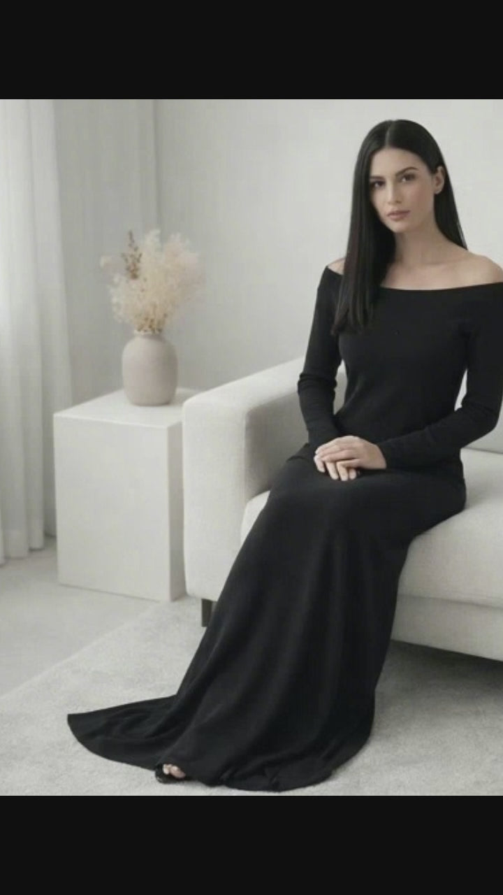 Black one shoulder long sleeved floor length skirt
